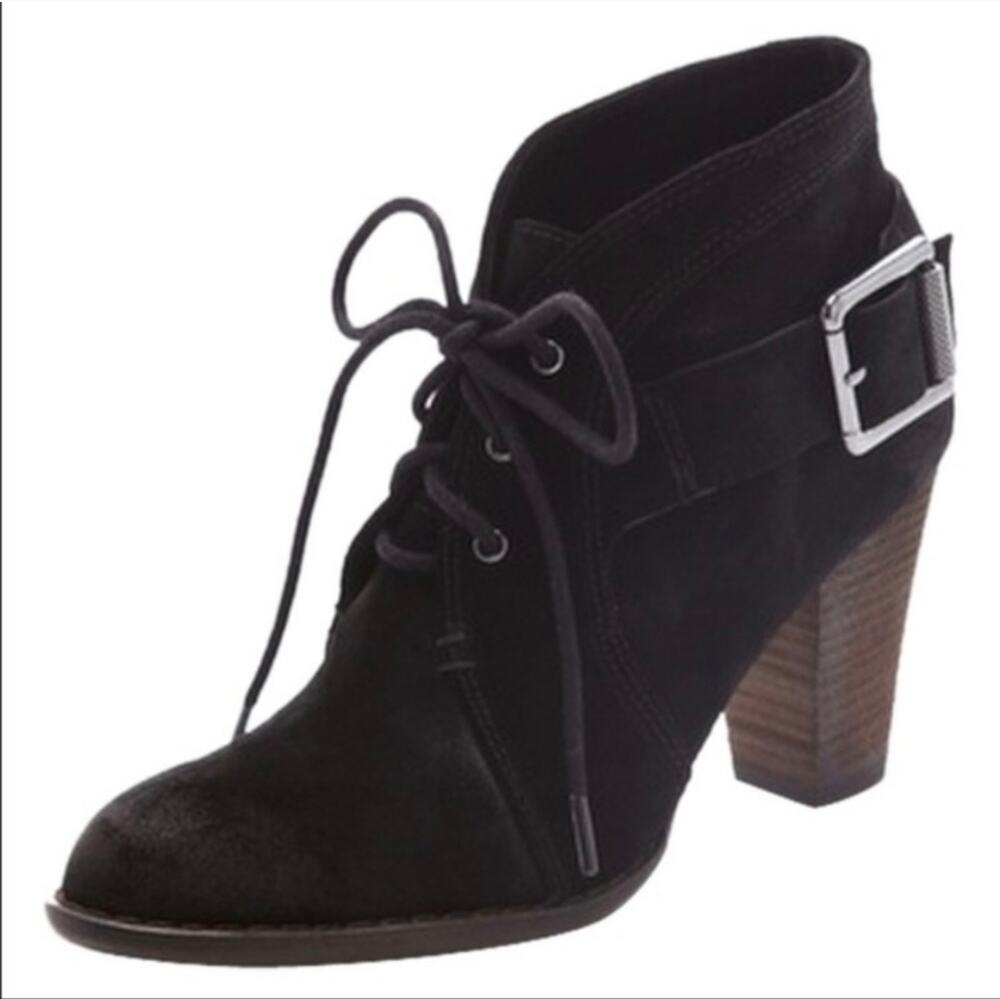 Luxury Rebel Black Suede Fleur Lace Up Buckle Stacked Heel Fall Ankle Boots